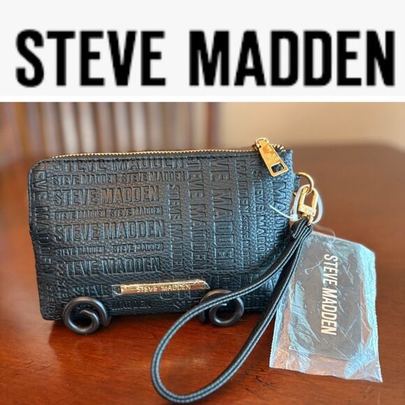 STEVE MADDEN - NWT "Btrell" Double-Zip Black Faux Leather Monogram Wristlet - Picture 1 of 12